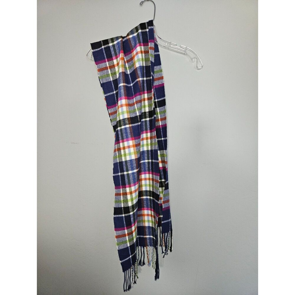 Multicolor Plaid Cashmere Blend Fringe Scarf Italy Design Navy Magenta Green